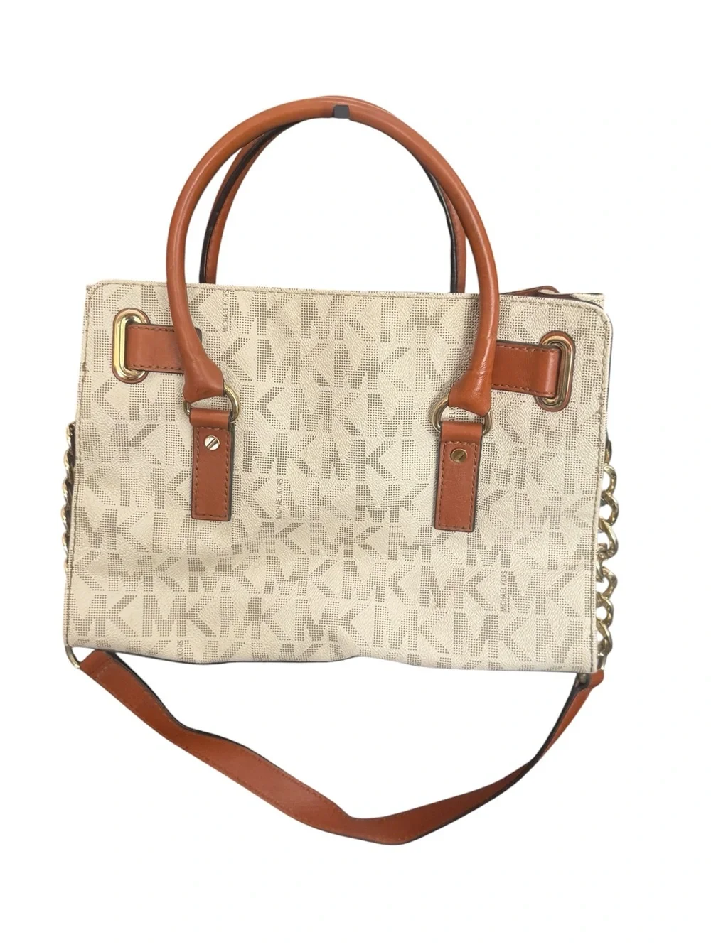 Michael Kors Beige MK Monogram Hamilton with Brown Trim and Gold Hardware